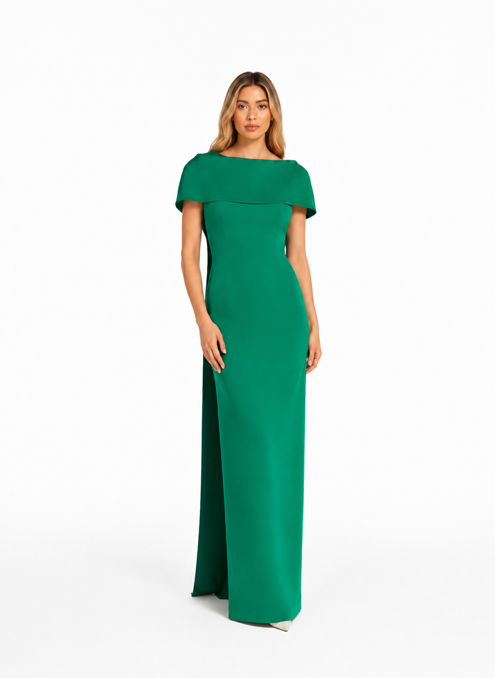 Off-shoulder column gown with draped overlay – Nirven