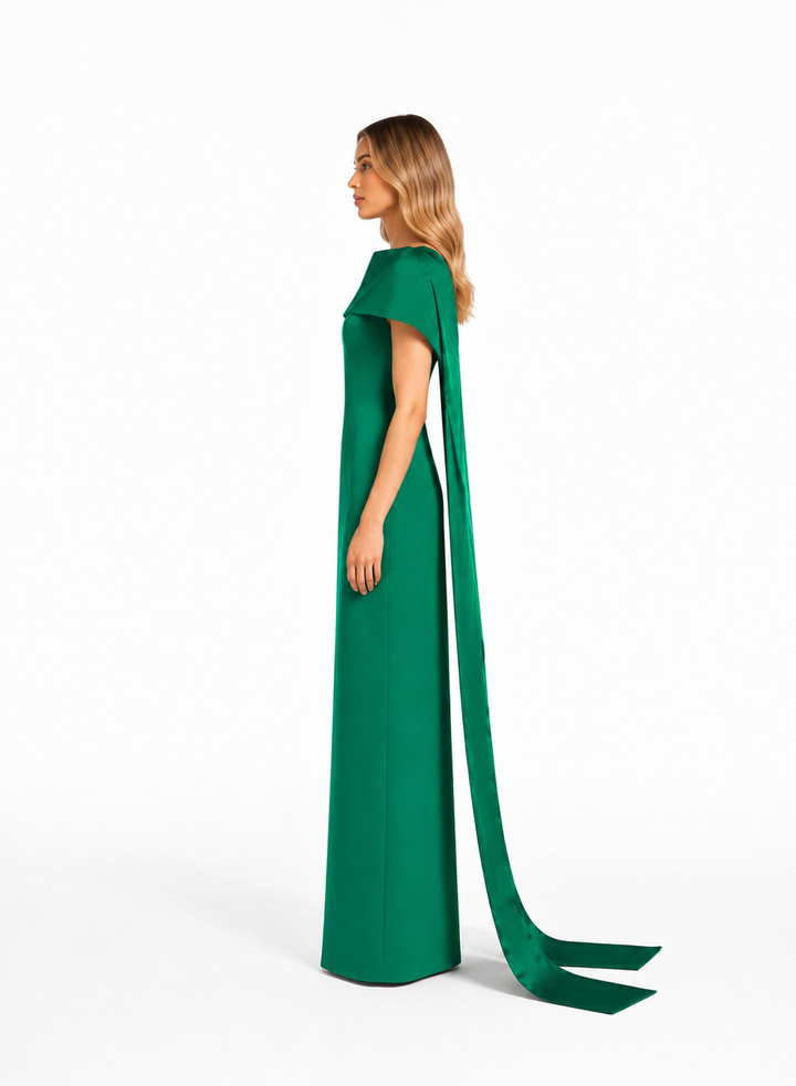 Off-shoulder column gown with draped overlay – Nirven