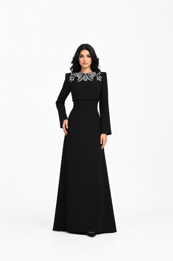 Vertical dress with long sleeves and decorated neck - elegance