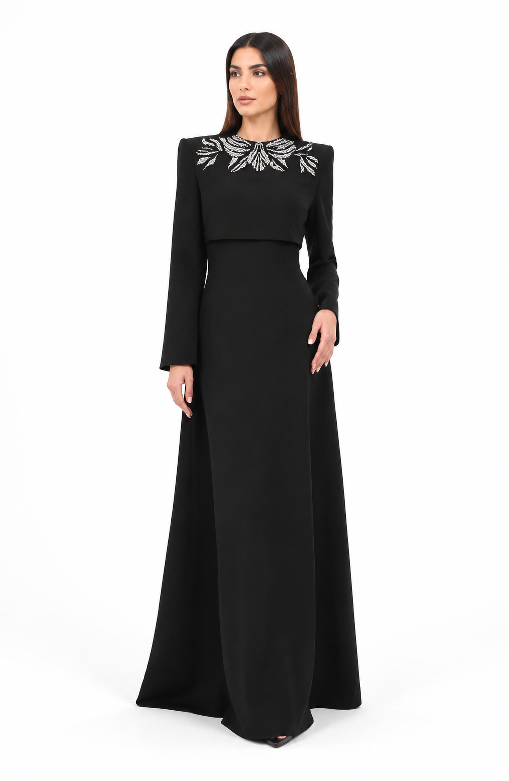 Vertical dress with long sleeves and decorated neck - elegance