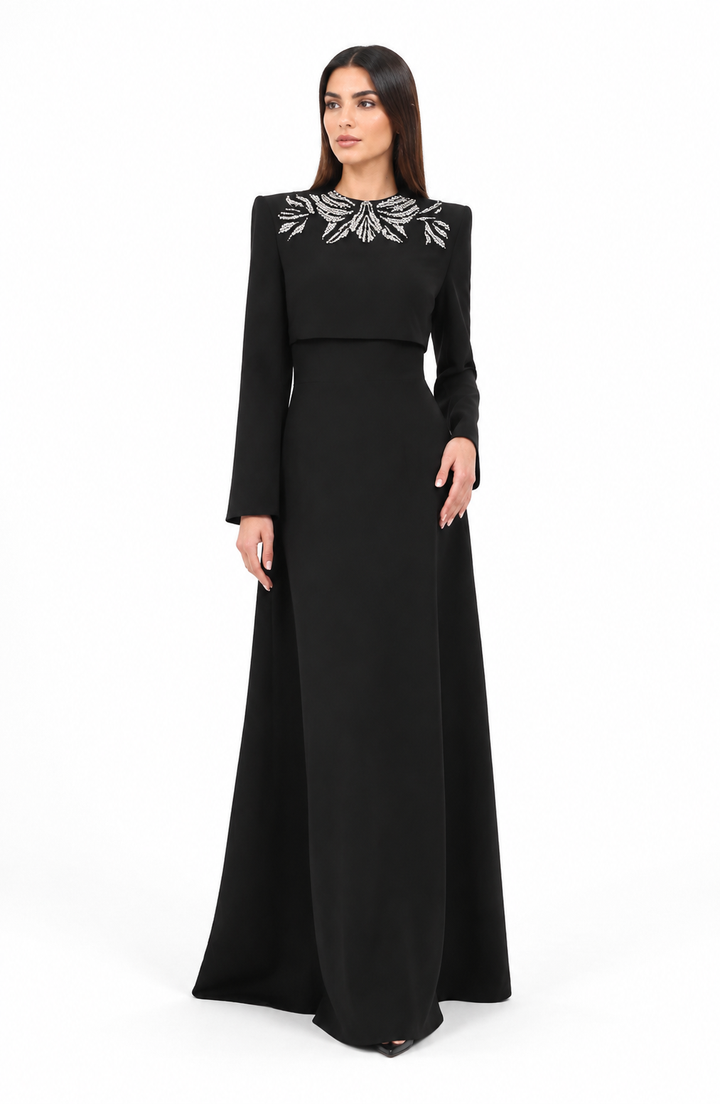 Vertical dress with long sleeves and decorated neck - elegance