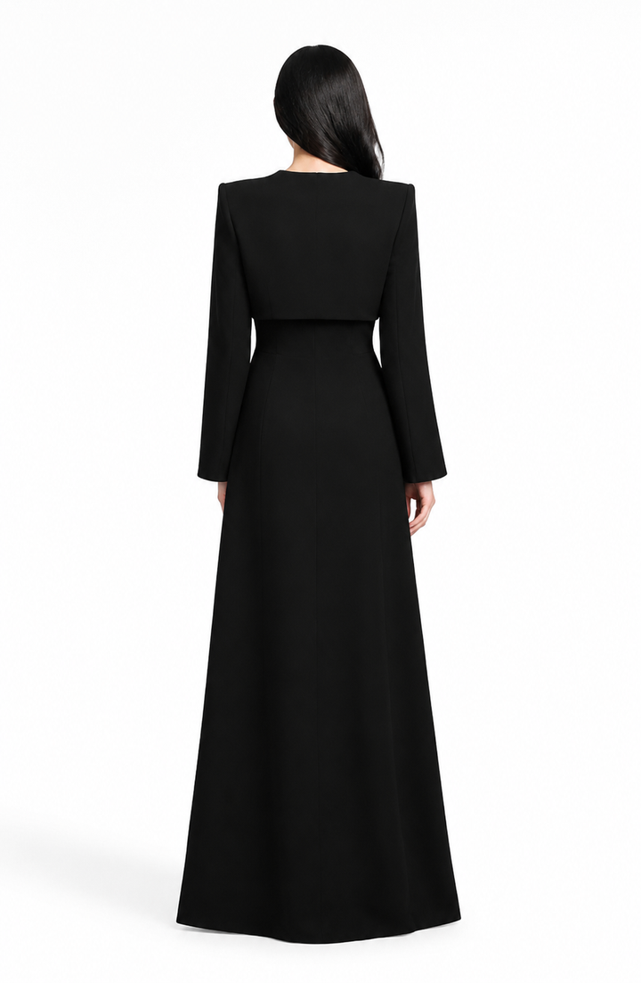 Vertical dress with long sleeves and decorated neck - elegance