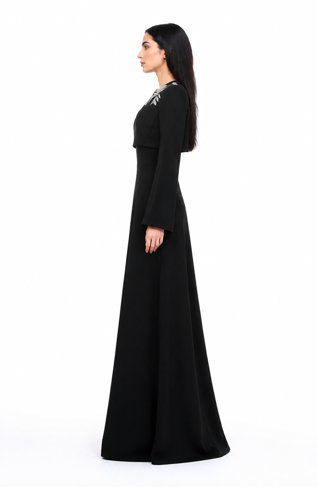 Vertical dress with long sleeves and decorated neck - elegance