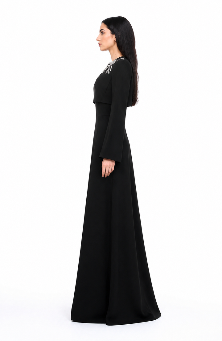 Vertical dress with long sleeves and decorated neck - elegance