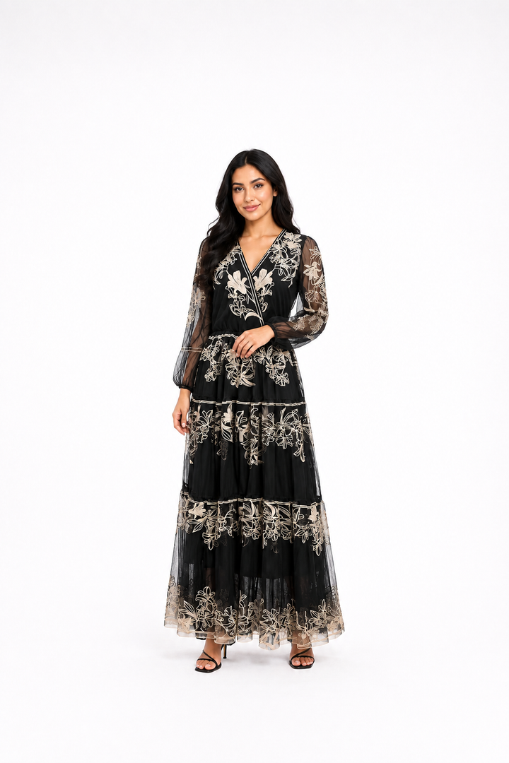 Embroidered tulle midi dress with sheer sleeves – FLORA