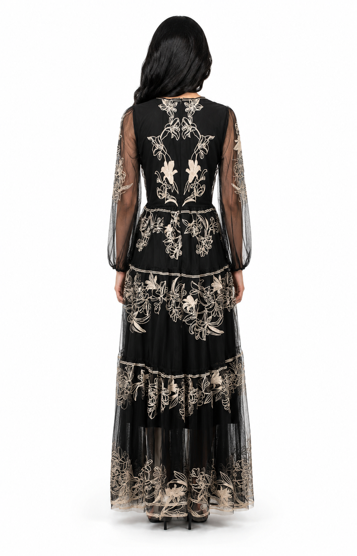 Embroidered tulle midi dress with sheer sleeves – FLORA