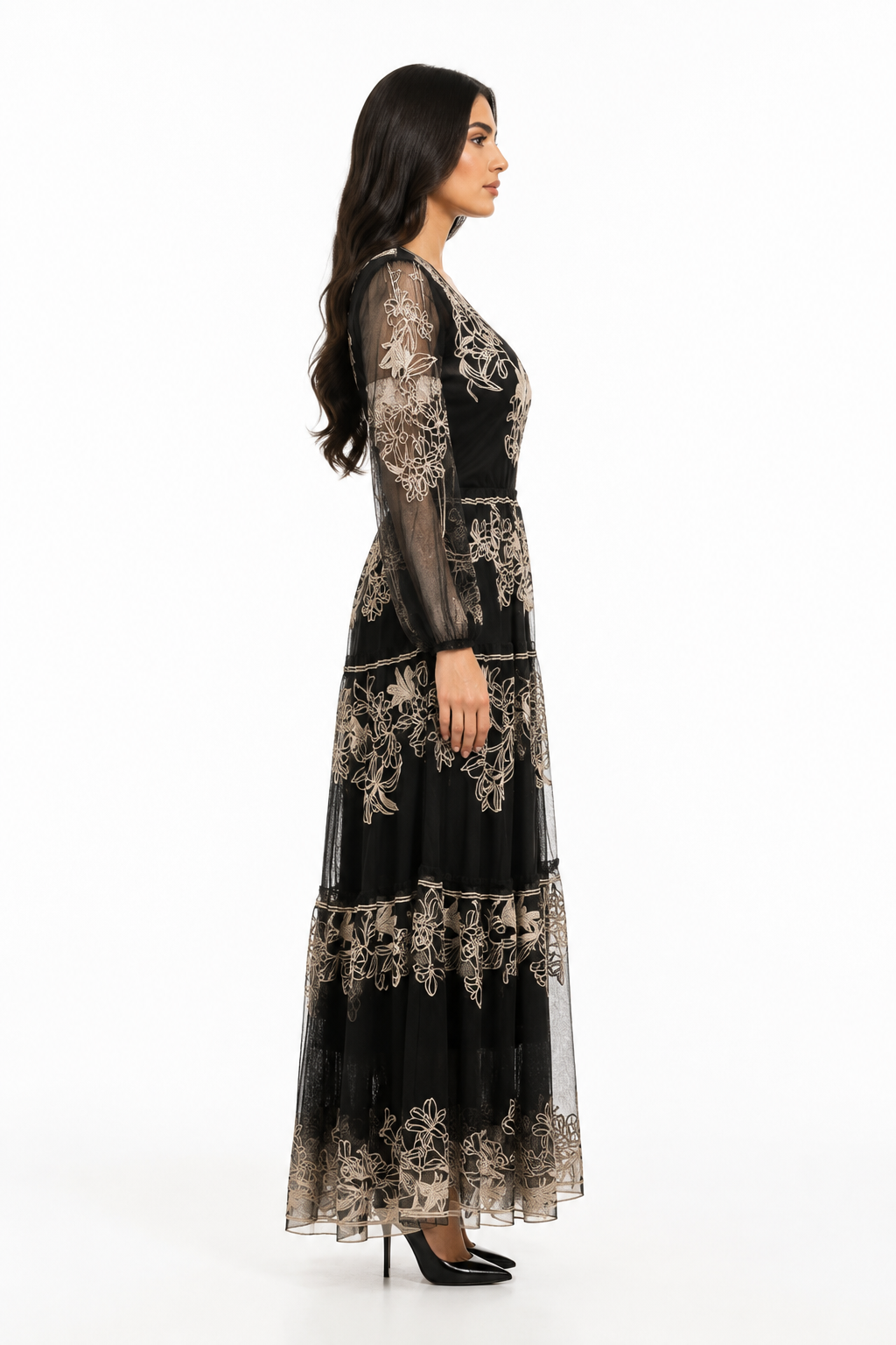 Embroidered tulle midi dress with sheer sleeves – FLORA