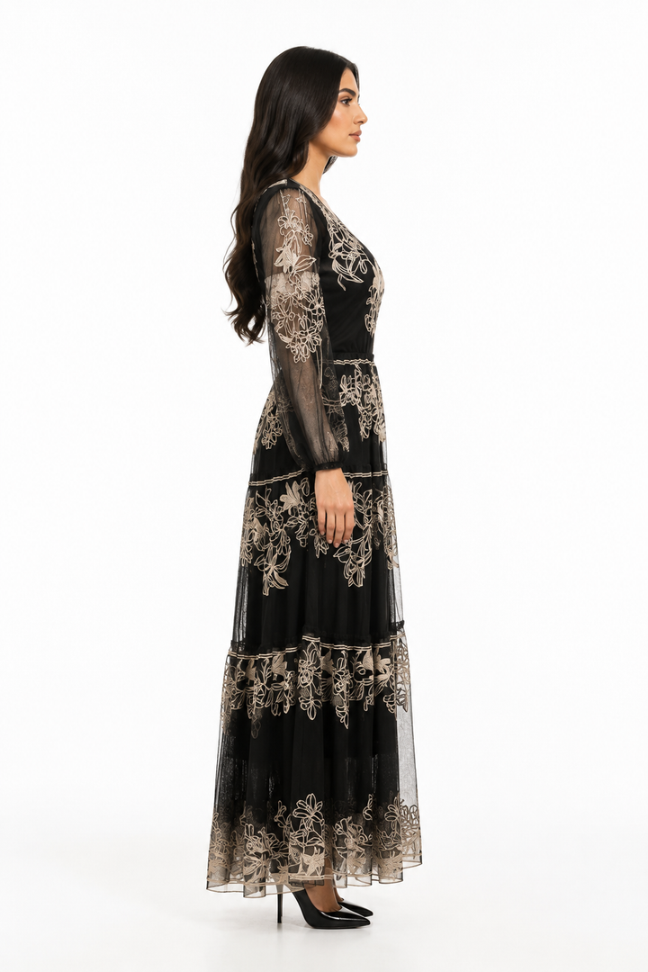 Embroidered tulle midi dress with sheer sleeves – FLORA