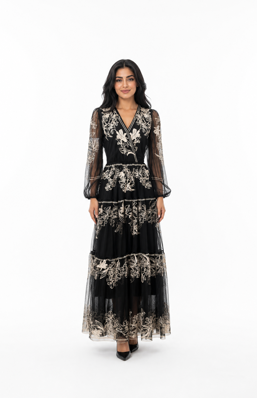 Embroidered tulle midi dress with sheer sleeves – FLORA