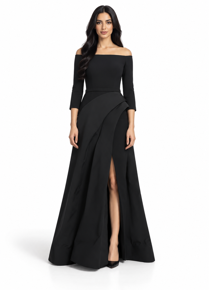 off-shoulder gown with draped slit skirt – NOLEIN