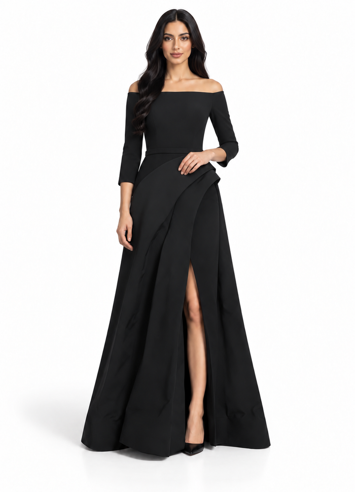 off-shoulder gown with draped slit skirt – NOLEIN