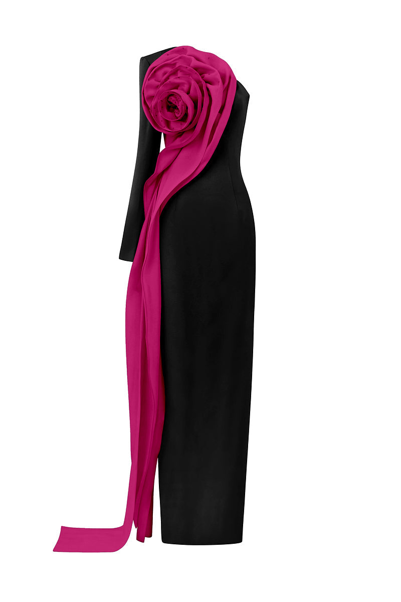 one-shoulder gown with oversized 3D rose drape – ROSABELLE