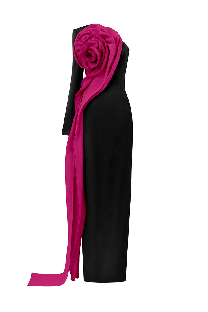 one-shoulder gown with oversized 3D rose drape – ROSABELLE