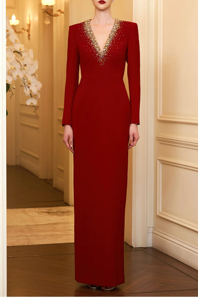 long-sleeve column gown with embellished V-neck – RUBYE