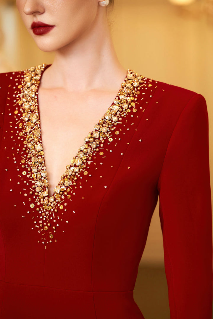 long-sleeve column gown with embellished V-neck – RUBYE