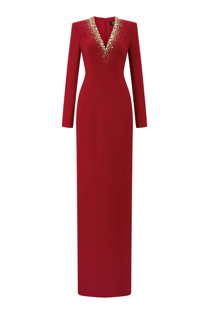 long-sleeve column gown with embellished V-neck – RUBYE