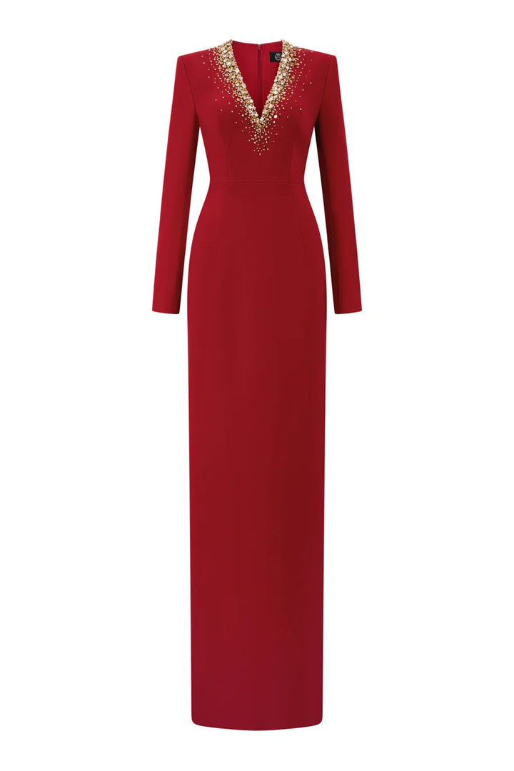 long-sleeve column gown with embellished V-neck – RUBYE