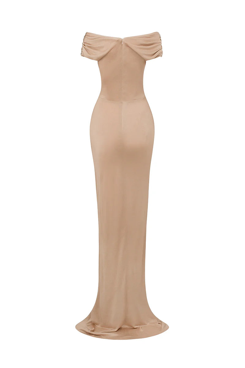 off-shoulder column gown with draped waist – AURELIA