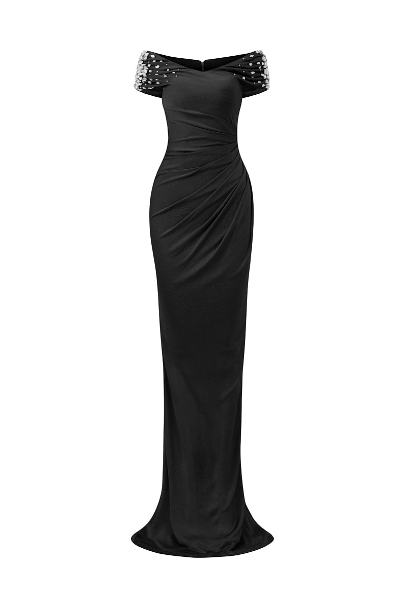 فستان عمودي مكشوف الكتفين بأكمام مزينة – نوار