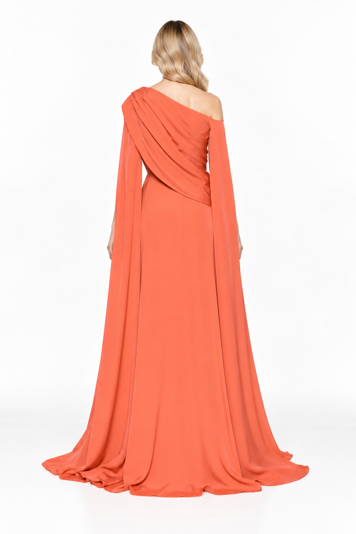 Coral Draped Cape Gown -Solvienne