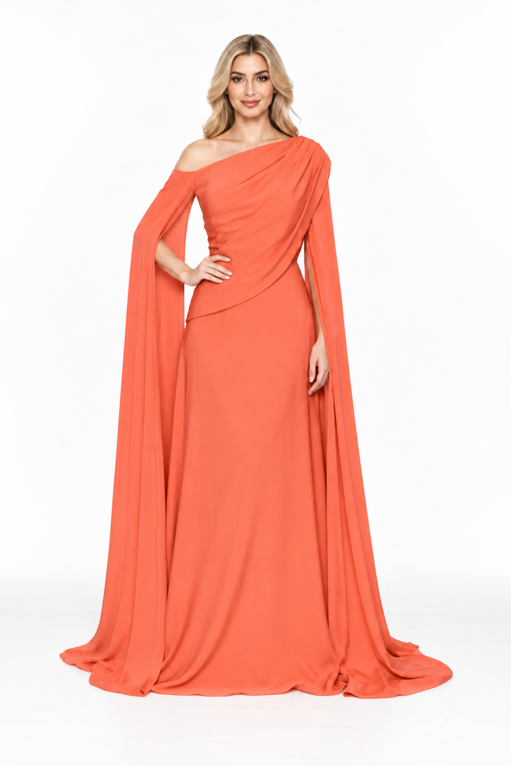 Coral Draped Cape Gown -Solvienne