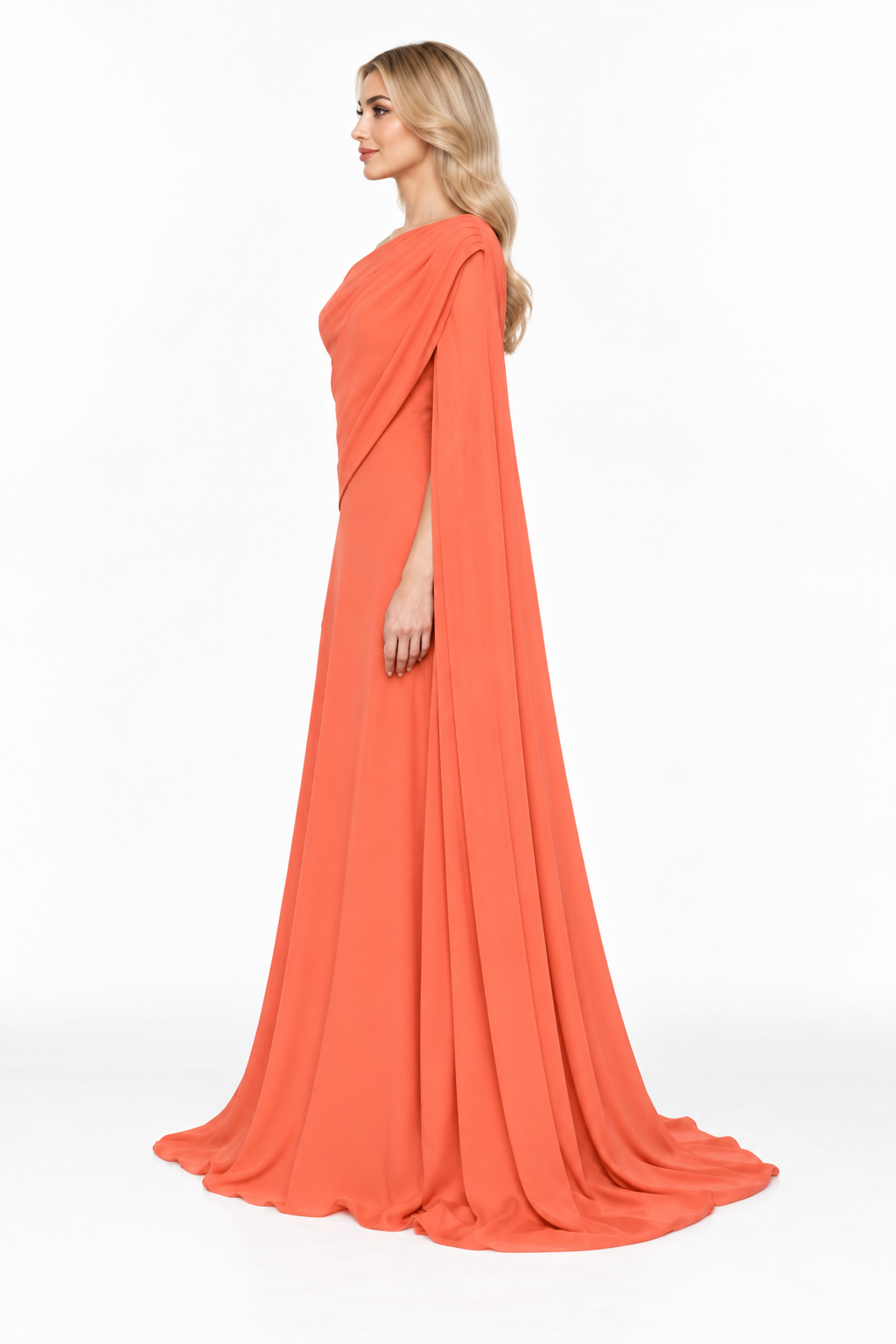 Coral Draped Cape Gown -Solvienne