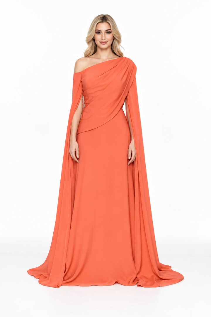 Coral Draped Cape Gown -Solvienne