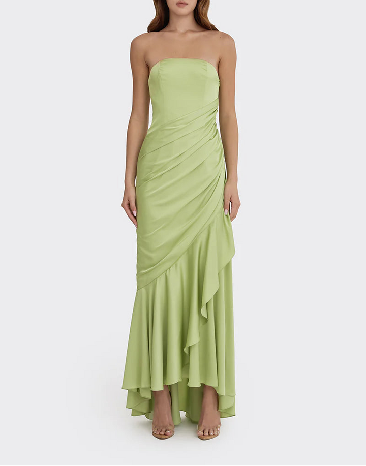 Strapless draped satin gown with asymmetric hem – LIMEA