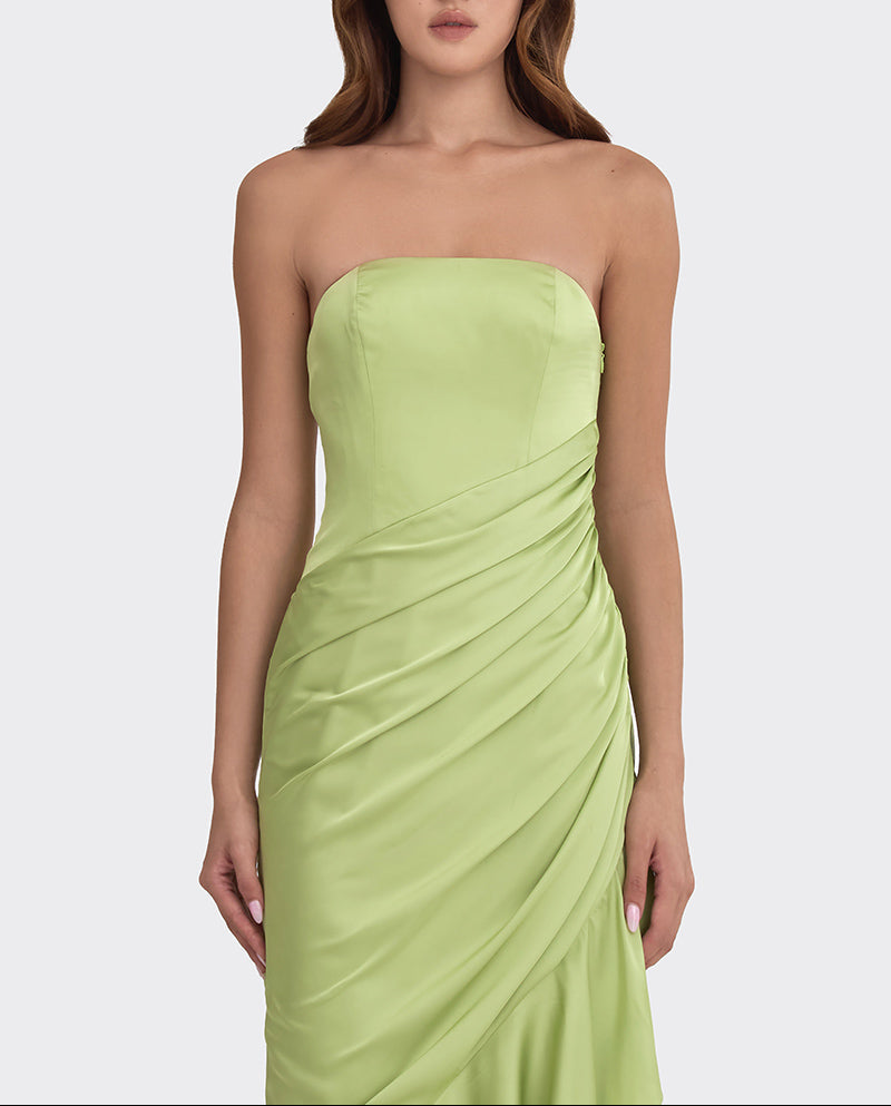 Strapless draped satin gown with asymmetric hem – LIMEA