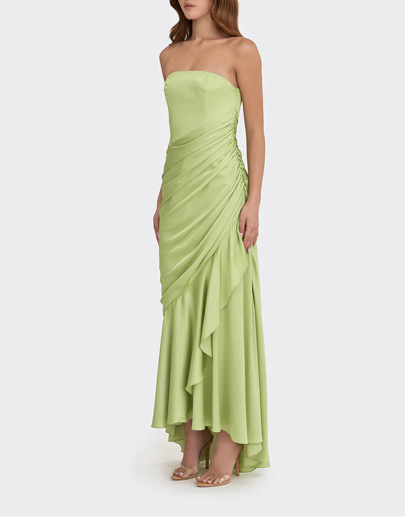 Strapless draped satin gown with asymmetric hem – LIMEA