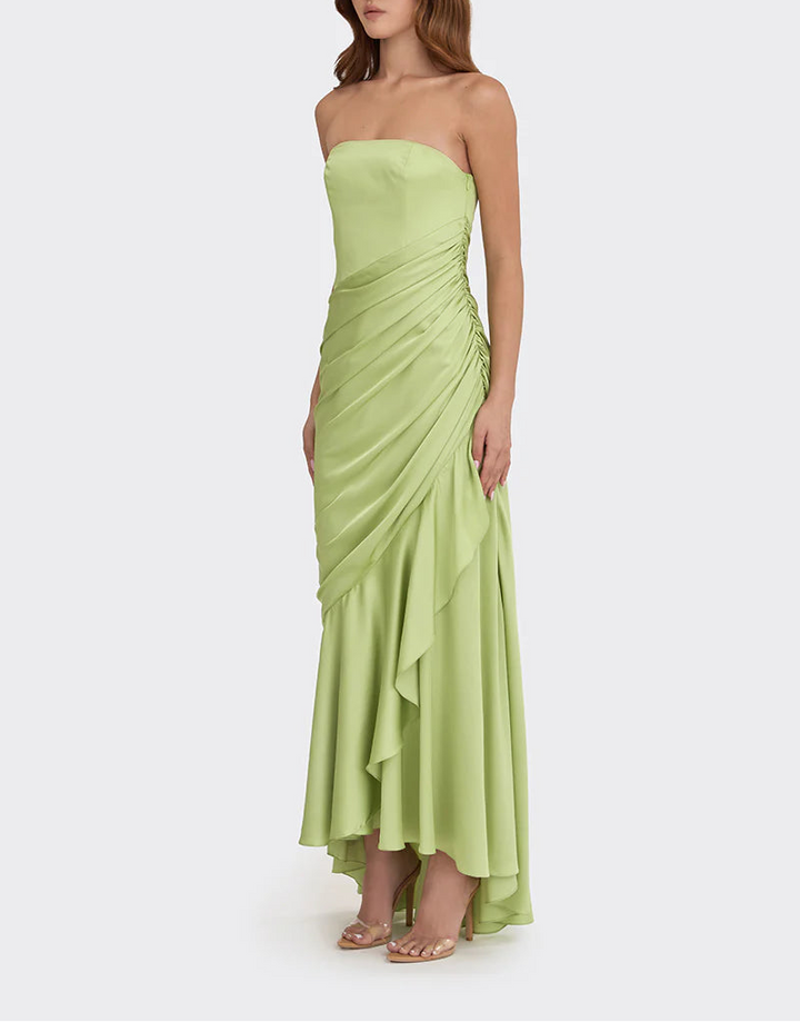 Strapless draped satin gown with asymmetric hem – LIMEA