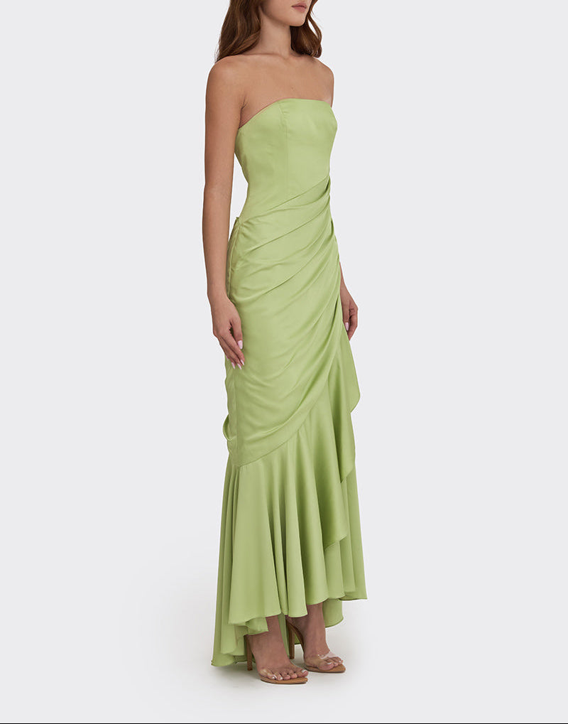 Strapless draped satin gown with asymmetric hem – LIMEA