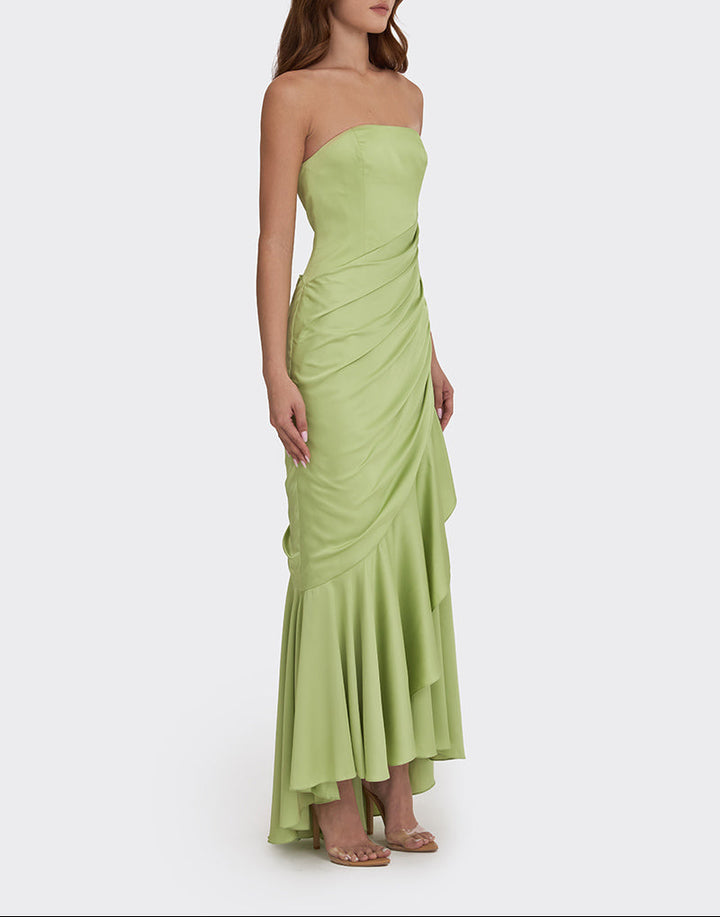 Strapless draped satin gown with asymmetric hem – LIMEA