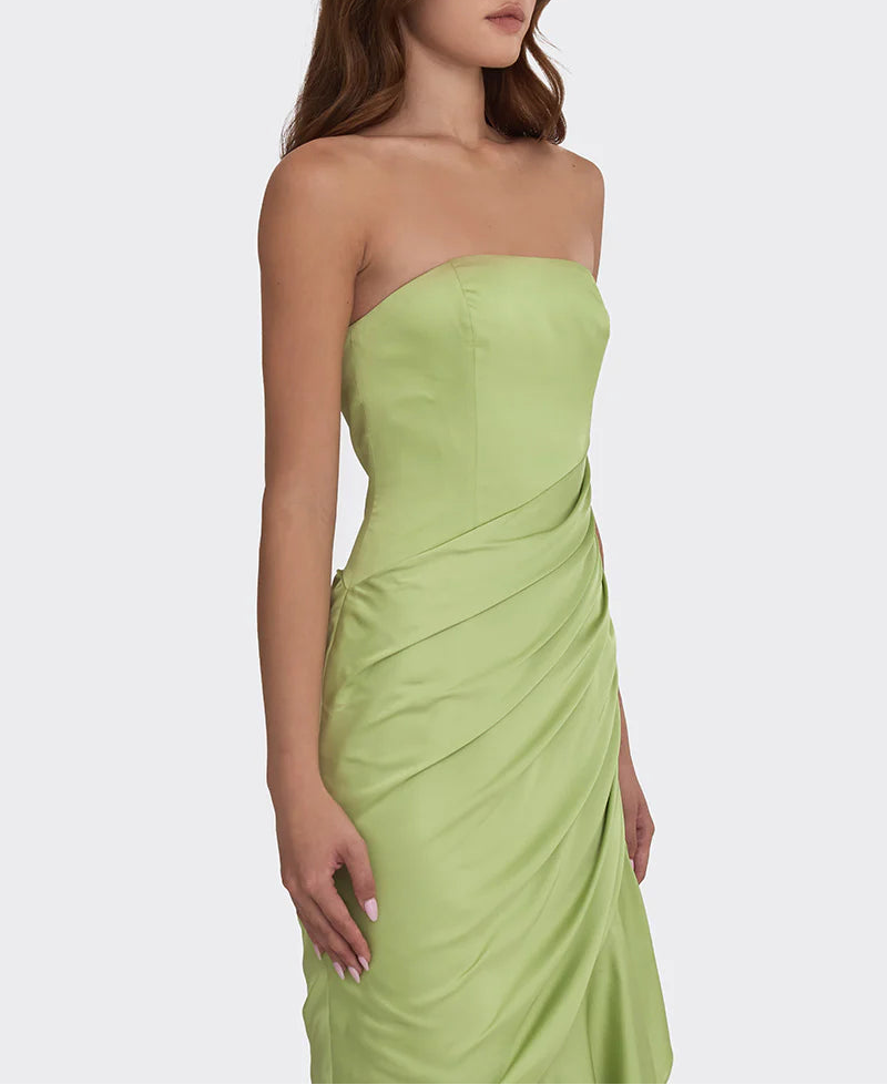 Strapless draped satin gown with asymmetric hem – LIMEA
