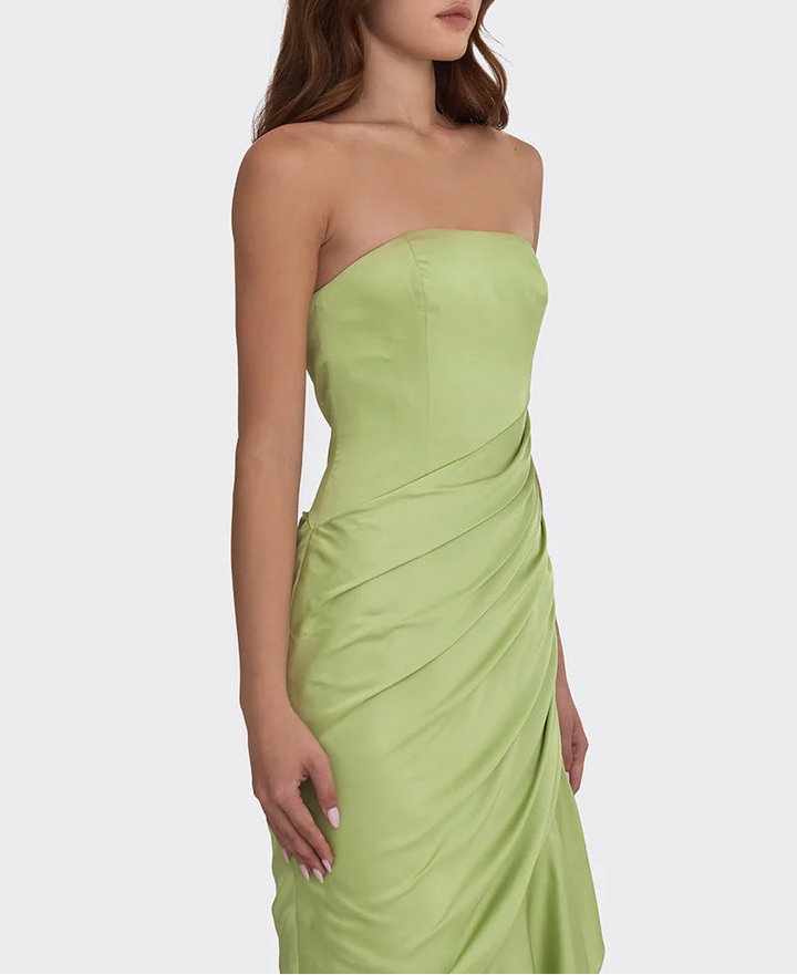 Strapless draped satin gown with asymmetric hem – LIMEA