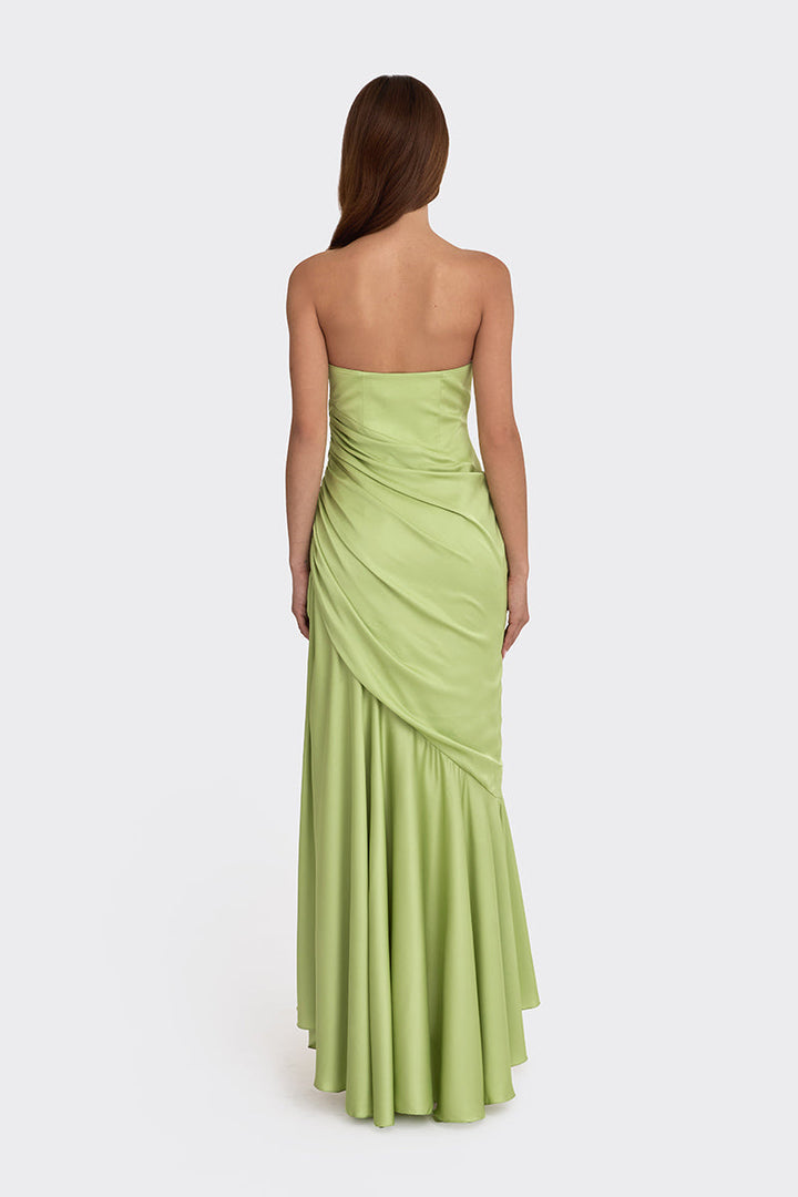 Strapless draped satin gown with asymmetric hem – LIMEA