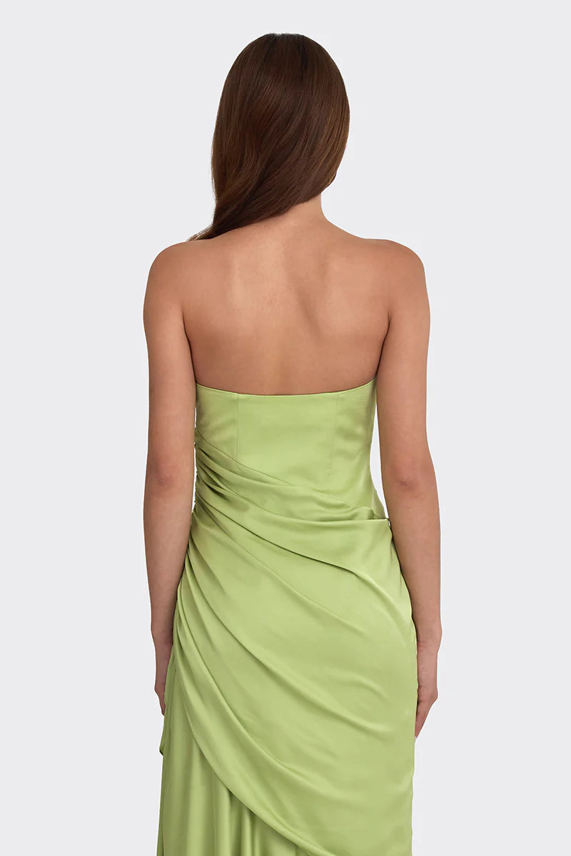 Strapless draped satin gown with asymmetric hem – LIMEA
