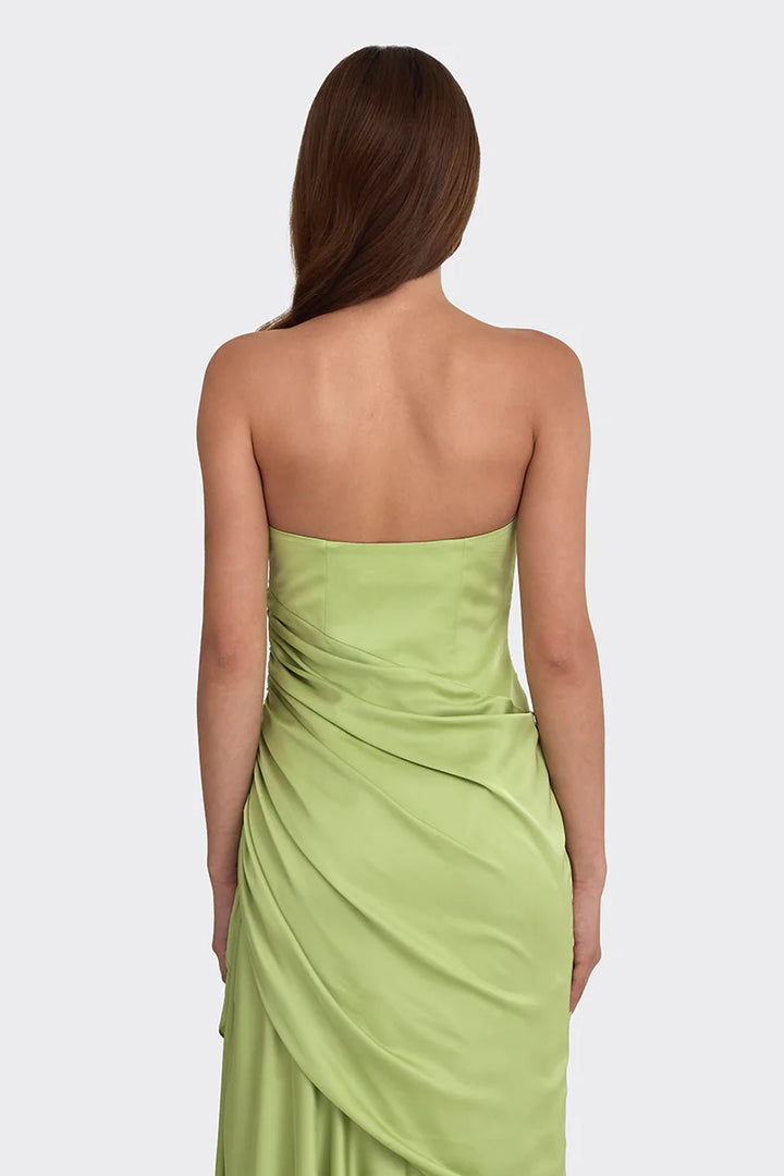 Strapless draped satin gown with asymmetric hem – LIMEA
