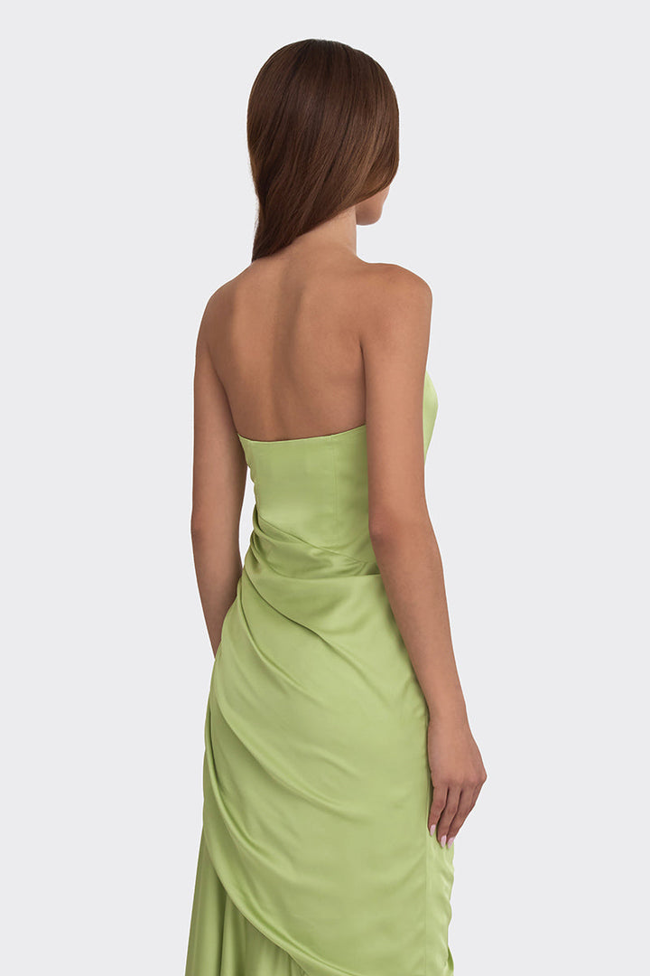 Strapless draped satin gown with asymmetric hem – LIMEA