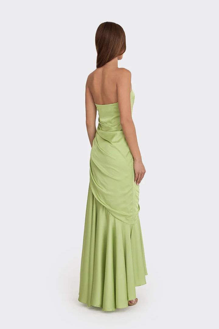 Strapless draped satin gown with asymmetric hem – LIMEA