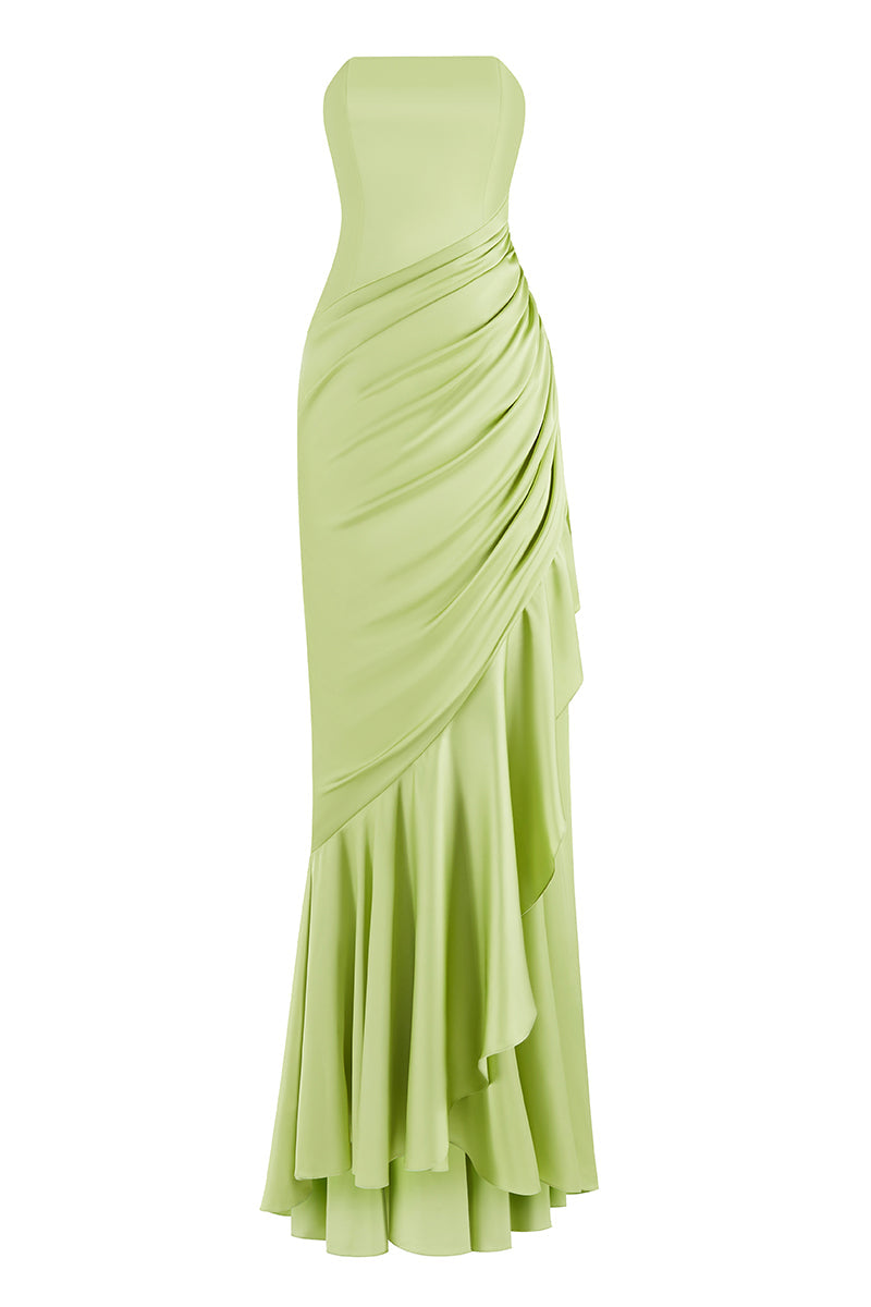 Strapless draped satin gown with asymmetric hem – LIMEA