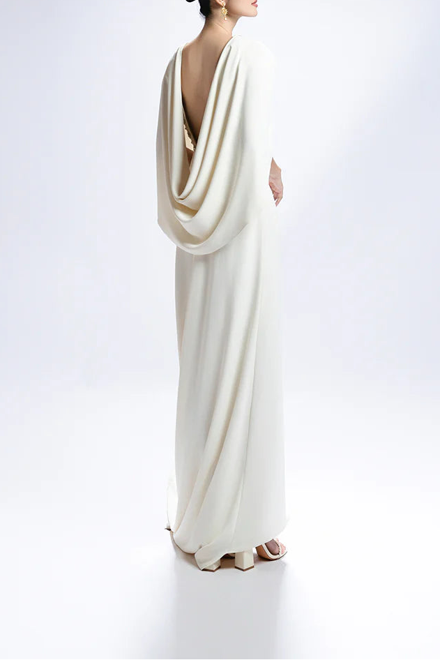 embellished cape-sleeve gown with clean column silhouette – IVORYE