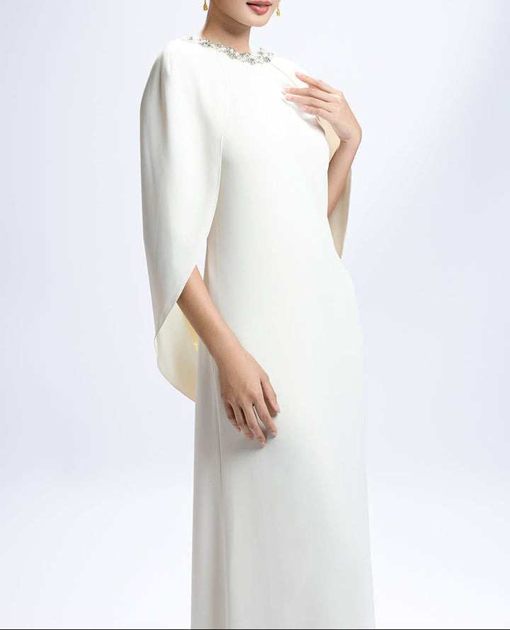 embellished cape-sleeve gown with clean column silhouette – IVORYE