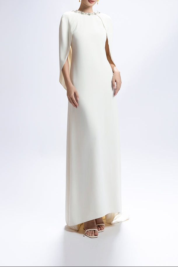 embellished cape-sleeve gown with clean column silhouette – IVORYE