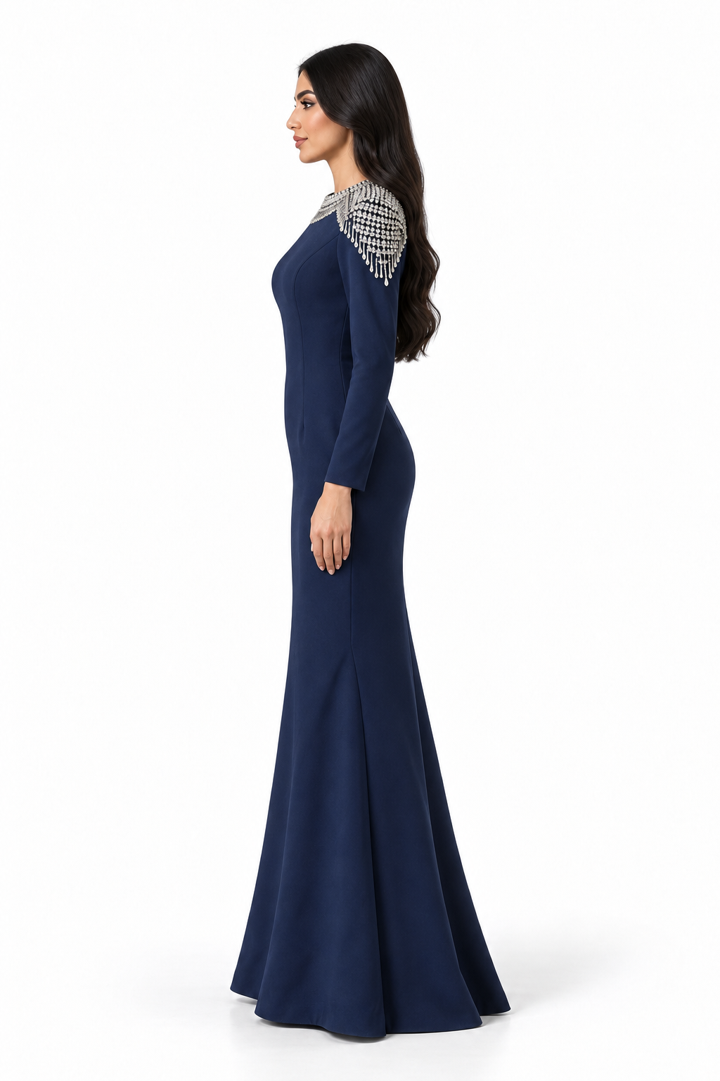 Navy Blue Crystal Embellished Shoulder Maxi Dress - Celestine