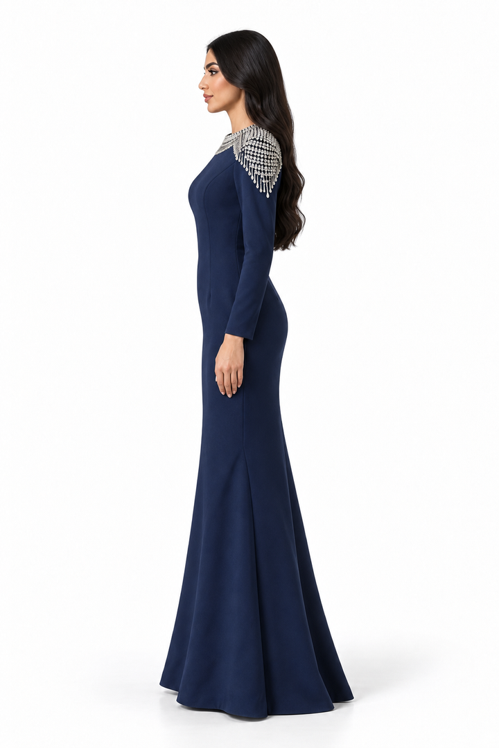 Navy Blue Crystal Embellished Shoulder Maxi Dress - Celestine