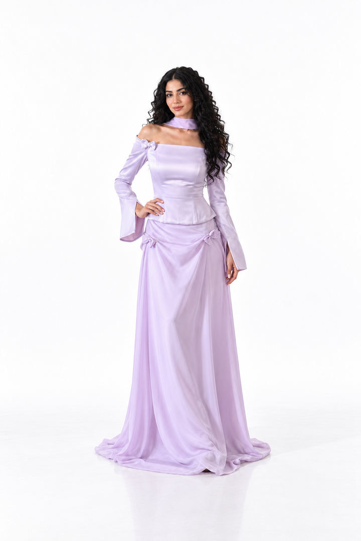 Off-Shoulder Bow Satin Set - Lilacelle