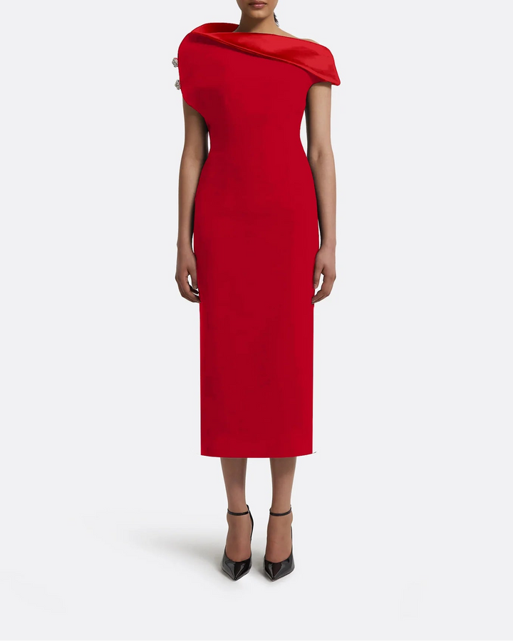 asymmetric draped-neck midi dress – REINA