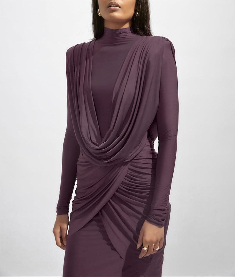 Draped high-neck gown with gathered detailing – AMARA