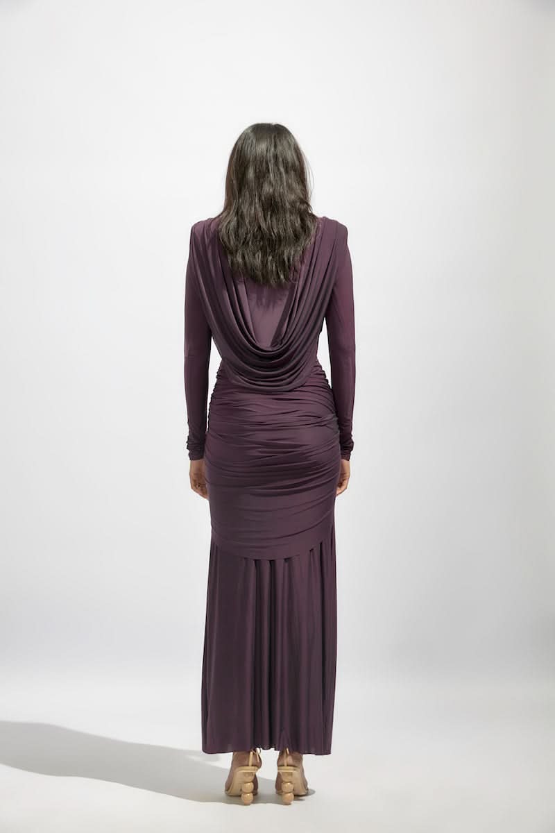 Draped high-neck gown with gathered detailing – AMARA